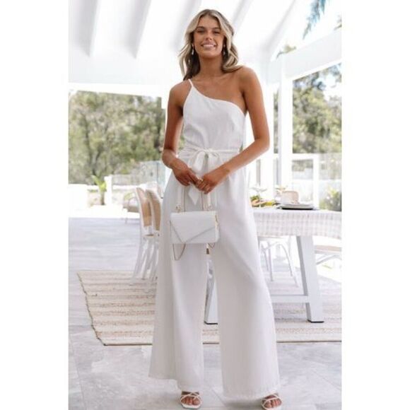 Petal & Pup Women's White Leyton Asymmetric Belted Wide Leg Jumpsuit Sz 12 NWOT - Picture 4 of 12